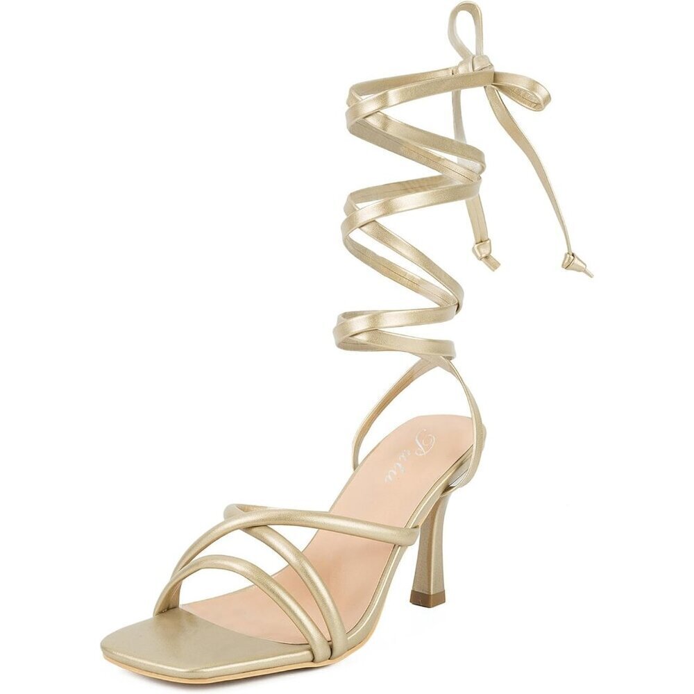 Women Gold Faux Leather Square Open Toe Tie up Stiletto Heels Sandals